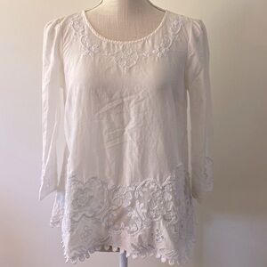 Maeve woman’s white beaded sequins, cotton, silk blend blouse, 3/4 sleeve sz 2